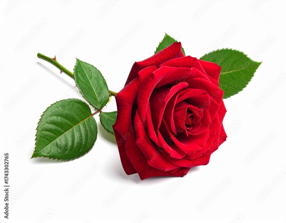 Naklejka premium A single vibrant red rose with lush green leaves on a clean white background.