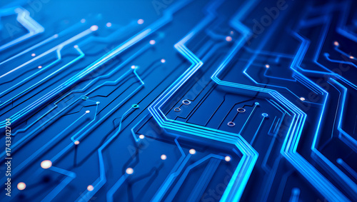 Abstract close-up of blue electronic circuit board with glowing lines and microchip patterns, symbolizing digital connectivity, data flow, and advanced technology infrastructure.
