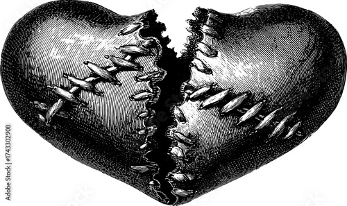 Broken heart illustration in vintage engraving style. Detailed line drawing with a stitched outline, featuring vector design in the artwork.
