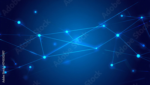 Abstract digital network background with glowing blue connection points and lines on dark backdrop, representing data transfer, communication, and futuristic technology systems.

