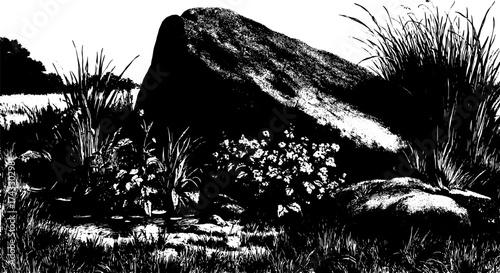 Vintage engraving of a rock with plants and grass. Detailed line illustration showcases the natural landscape in an outline style.