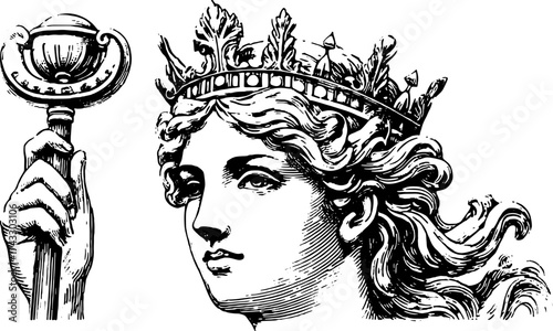 Engravings of a head with a crown holding a staff. Vintage line illustration vector depicting classical feminine features and ornate details.