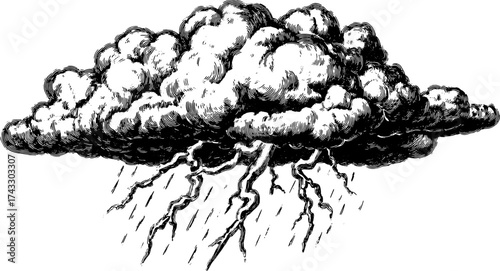 Vintage cloud illustration with storm and lightning elements. Detailed line vector illustration captures dynamic weather themes.