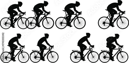 Cyclist silhouette, racing bike, road cycling, athlete motion, sports posture, helmet rider, speed training, black figure, fitness, competition