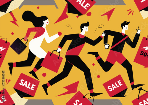 Energetic shoppers with red shopping bags and sale tags people