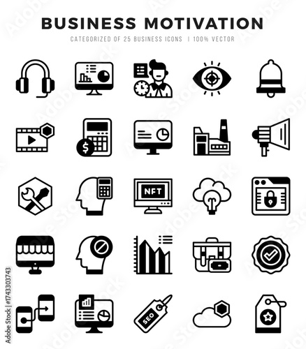 Business Motivation Icons Pack Lineal Filled Style. Vector illustration.