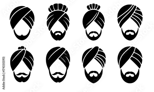Sikh Dastaar (Turban) Silhouette Vector Set,08 Traditional Sikh Wrap Styles in Black Solid Design