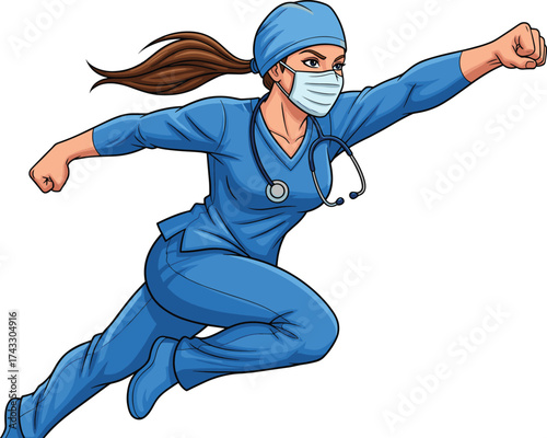 Superhero nurse flying in scrubs, medical mask, stethoscope, healthcare hero illustration, cartoon doctor, pandemic frontline worker, hospital courage
