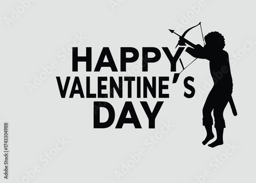Black silhouette cupid aiming bow and arrow with happy valentines day text love heart