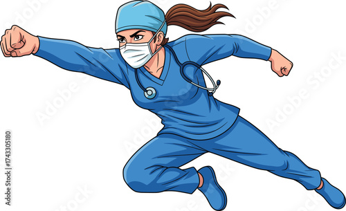 Superhero healthcare worker flying, medical hero illustration, nurse in scrubs, stethoscope, mask, courage, frontline fighter, hospital, emergency, hope