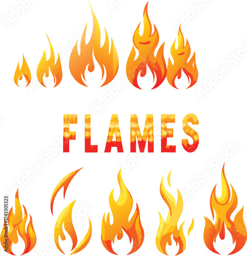 Dynamic collection of stylized fire flames and burning embers for creative projects
