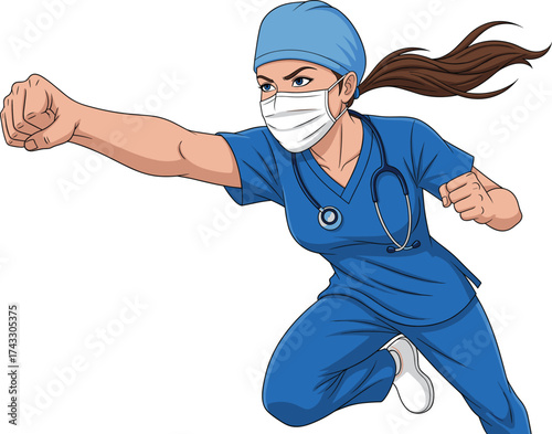 Superhero nurse illustration, medical hero flying, healthcare worker in scrubs, stethoscope, mask, pandemic frontline, hospital staff, courage, strength, hope