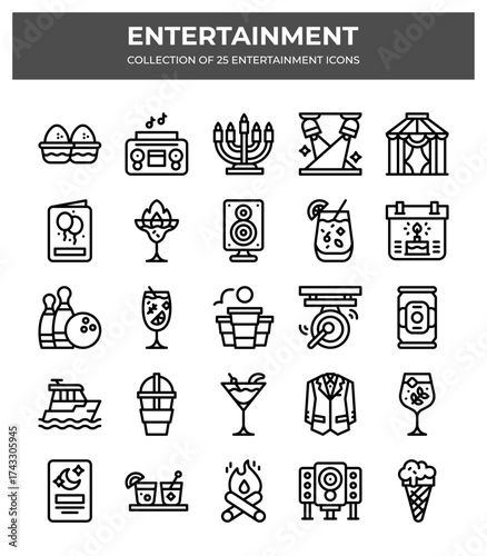 Collection of 25 Entertainment Icons. Fun Activities. Party. Celebration