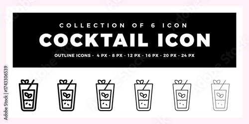 Collection of 6 Cocktail Icons. Outline Vector Graphics