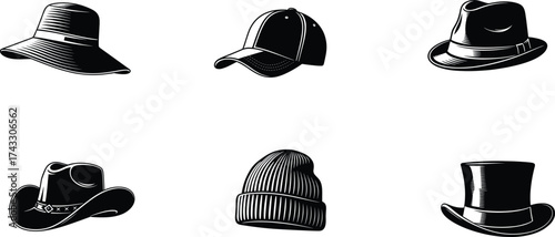Hat illustration collection, fashion headwear design, vintage hat vector, cowboy hat drawing, baseball cap art, fedora style, beanie, top hat