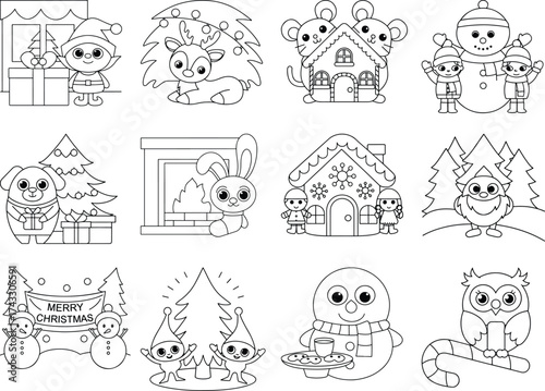 Quadro em tela Christmas Coloring Pages with Santa, Snowmen, Reindeer, and Festive Houses Keywo