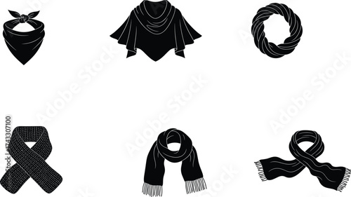 Scarf illustration collection, fashion accessory design, winter neckwear vector, stylish shawl art, knitted scarf drawing, bandana style, infinity loop, clothing element