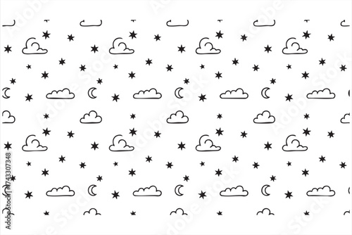 Night sky seamless pattern vector with moon, stars, and clouds illustration