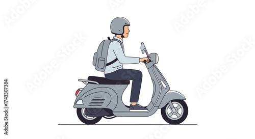Illustration of a Person Riding a Scooter with Helmet and Backpack on a White Background