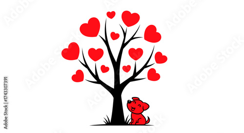 Cartoon tree with heart-shaped leaves and a cute dog illustration conveys love and happiness