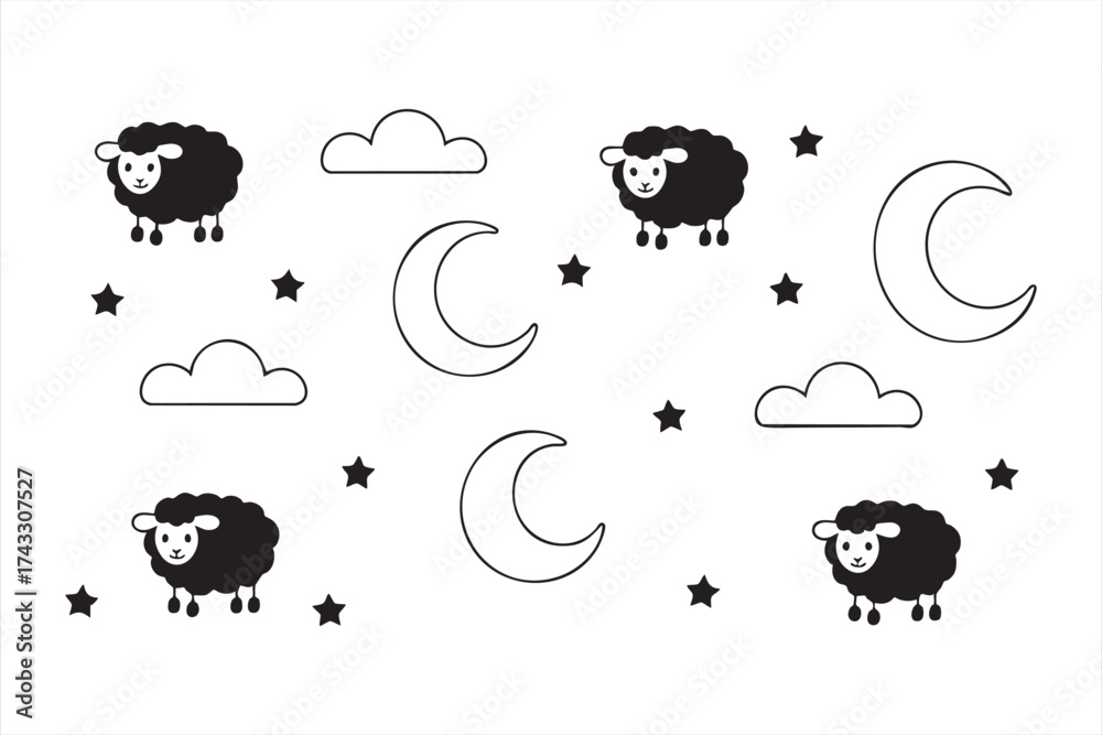 Obraz premium Sleeping sheep and moon night pattern vector for bedtime and dream design