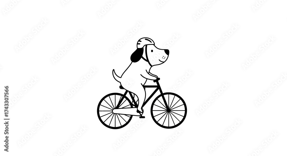 Obraz premium A charming illustration of a dog happily riding a bicycle with safety helmet on a white background