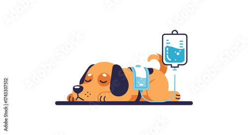 Cute cartoon dog receiving intravenous fluids representing pet healthcare and veterinary medicine,