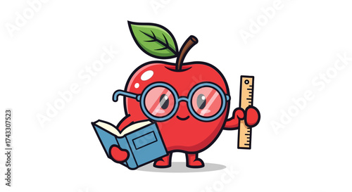 Cartoon apple teacher with glasses reading a book and holding a ruler illustration