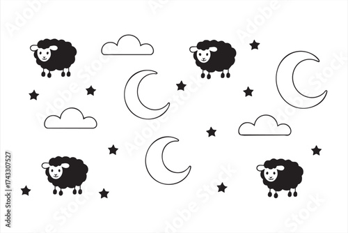 Sleeping sheep and moon night pattern vector for bedtime and dream design