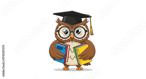 Illustration of an educated owl with glasses, graduation cap and holding books in study
