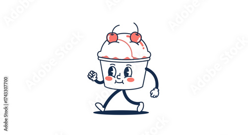Cartoon ice cream character walking cheerfully with cherries illustration concept
