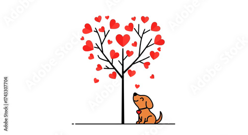 A cute dog looks up at a heart-shaped tree filled with red hearts creating a love atmosphere