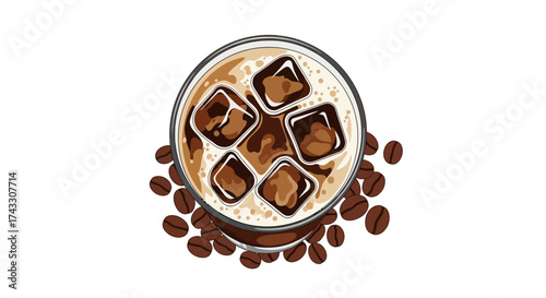 Iced coffee illustration with coffee beans offering a refreshing beverage concept