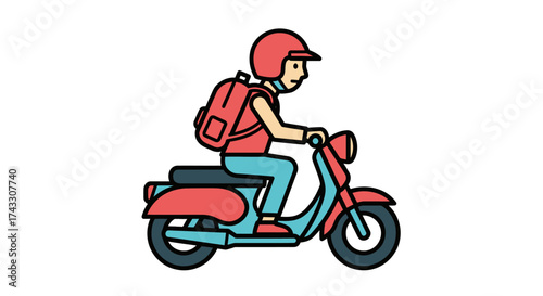 A vibrant cartoon illustration of a delivery driver on a moped with backpack offering speed and