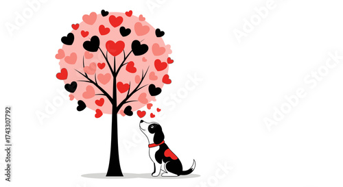 A lovely illustration of a dog sitting under a heart tree with red and black hearts adorning the