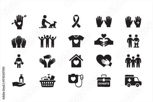Charity and donation icon set representing volunteer and community support
