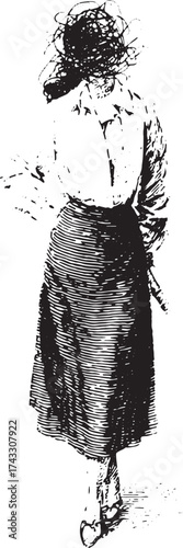 Vintage woman figure in black outline drawing style, showcasing traditional fashion with a skirt. This elegant vector illustration emphasizes historical details.