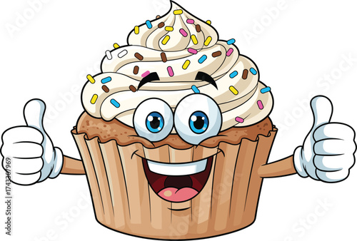 Cartoon cupcake character, happy dessert mascot, colorful frosting, thumbs up gesture, cheerful bakery icon, sweet treat illustration, fun food design
