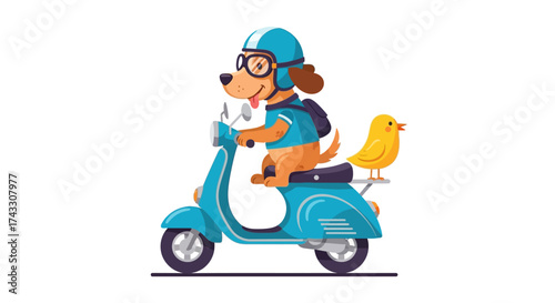 Cartoon dog with a helmet and glasses riding a scooter with a yellow bird friend