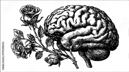 Vintage illustration of a brain intertwined with roses. This black and white outline showcases artistic detail in this unique vector set.