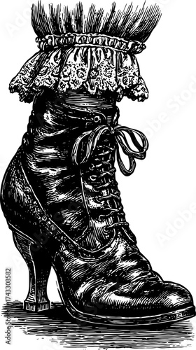 Vintage boot illustration in detailed engraving style. Black and white line drawing, showcasing elegance and craftsmanship in this vector set.
