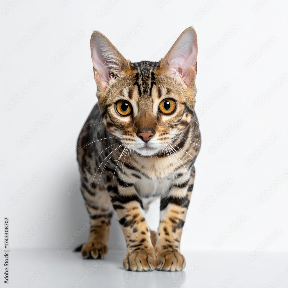 Obraz premium Bengal cat with striking spots and bright amber eyes looking forward domestic cat
