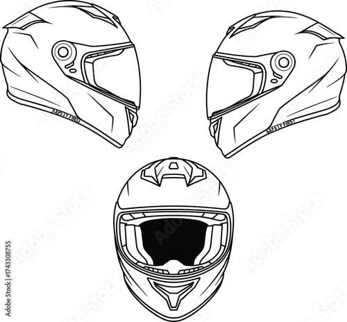 Motorcycle helmet line drawing, black and white sketch, sport bike safety gear, modern visor design, aerodynamic illustration, technical outline, vector art