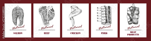 Cards with different types of fish and meat