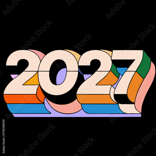 Colorful 3D numbers 2027 with layered geometric shapes and retro aesthetic on black year numeral