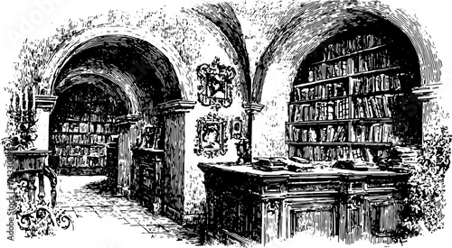 Vintage library engraving with detailed architecture. Features bookshelves and elegant furniture in a classic interior vector illustration.