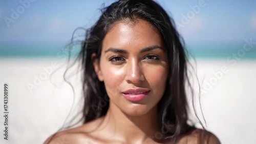 Beautiful woman on tropical beach with glowing skin, summer vacation, and sunny day.