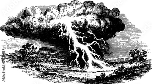 Lightning strikes during a storm. Hand-drawn outline with clouds and trees in a vintage style, showcasing natural scenery in a vector illustration set.