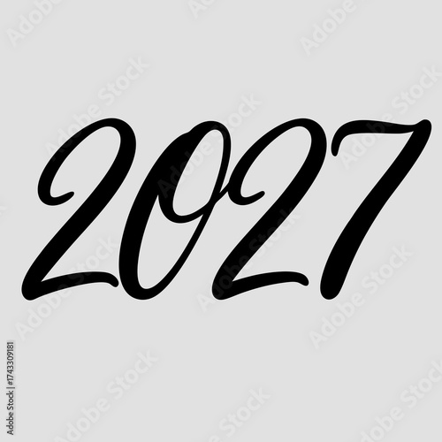 Bold black script font displaying the year 2027 on a plain light gray surface future new year