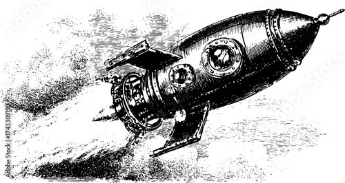 Rocket engraving with retro design. Detailed vector illustration depicting a space exploration vehicle in classic machinery style.